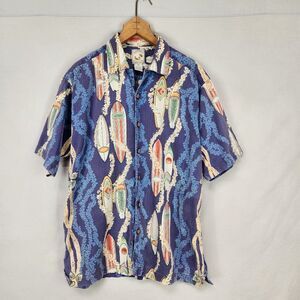 Vintage Colo Wear Hawaiian Button Up Shirt Mens M Surfboards Blue Retro Leis